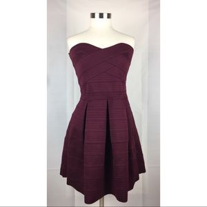 Express Maroon Textured Puffy Strapless Dress L